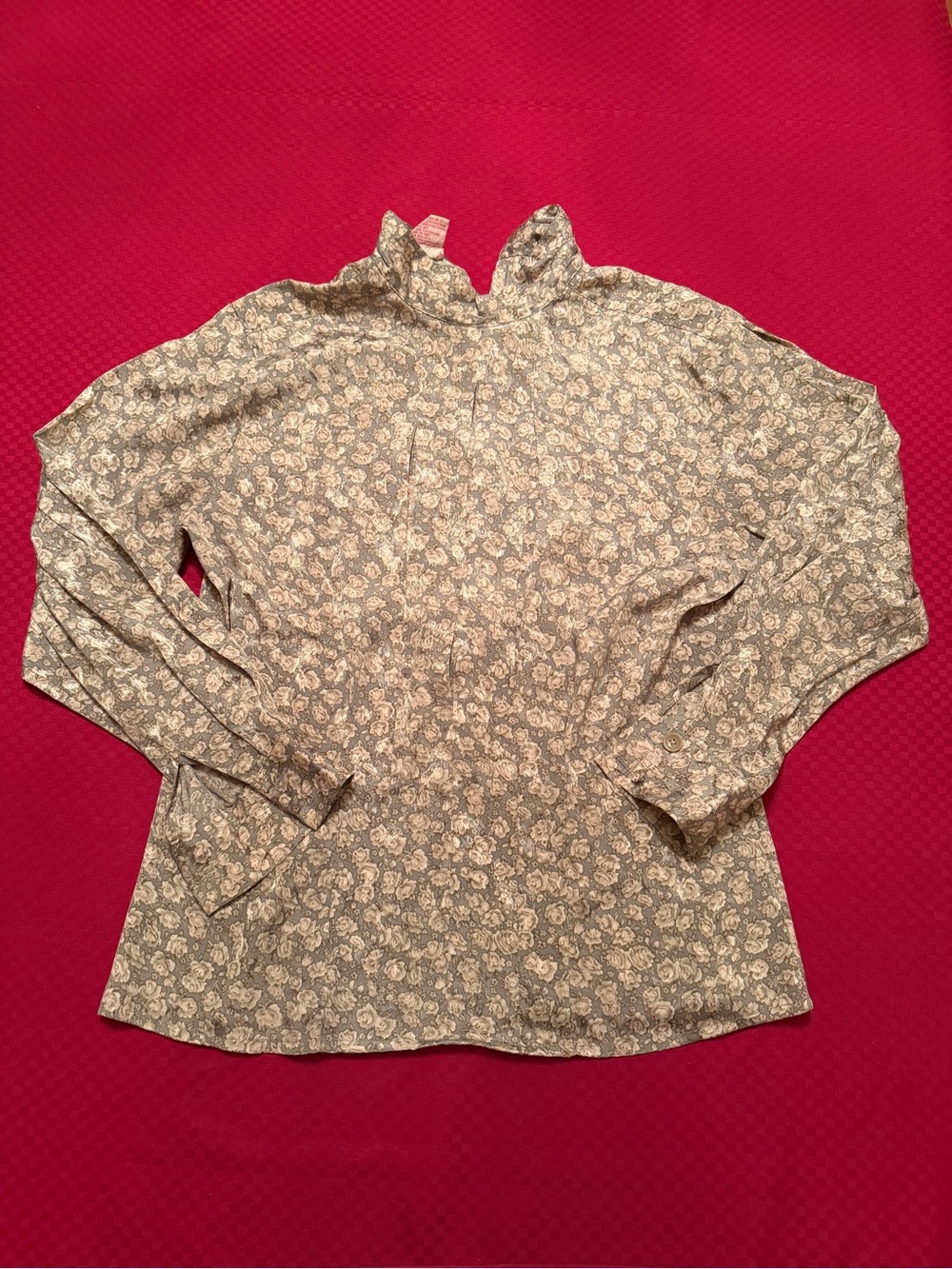 Vintage Women's Floral Ruffle-Neck Long Sleeve Blouse - Cream Floral